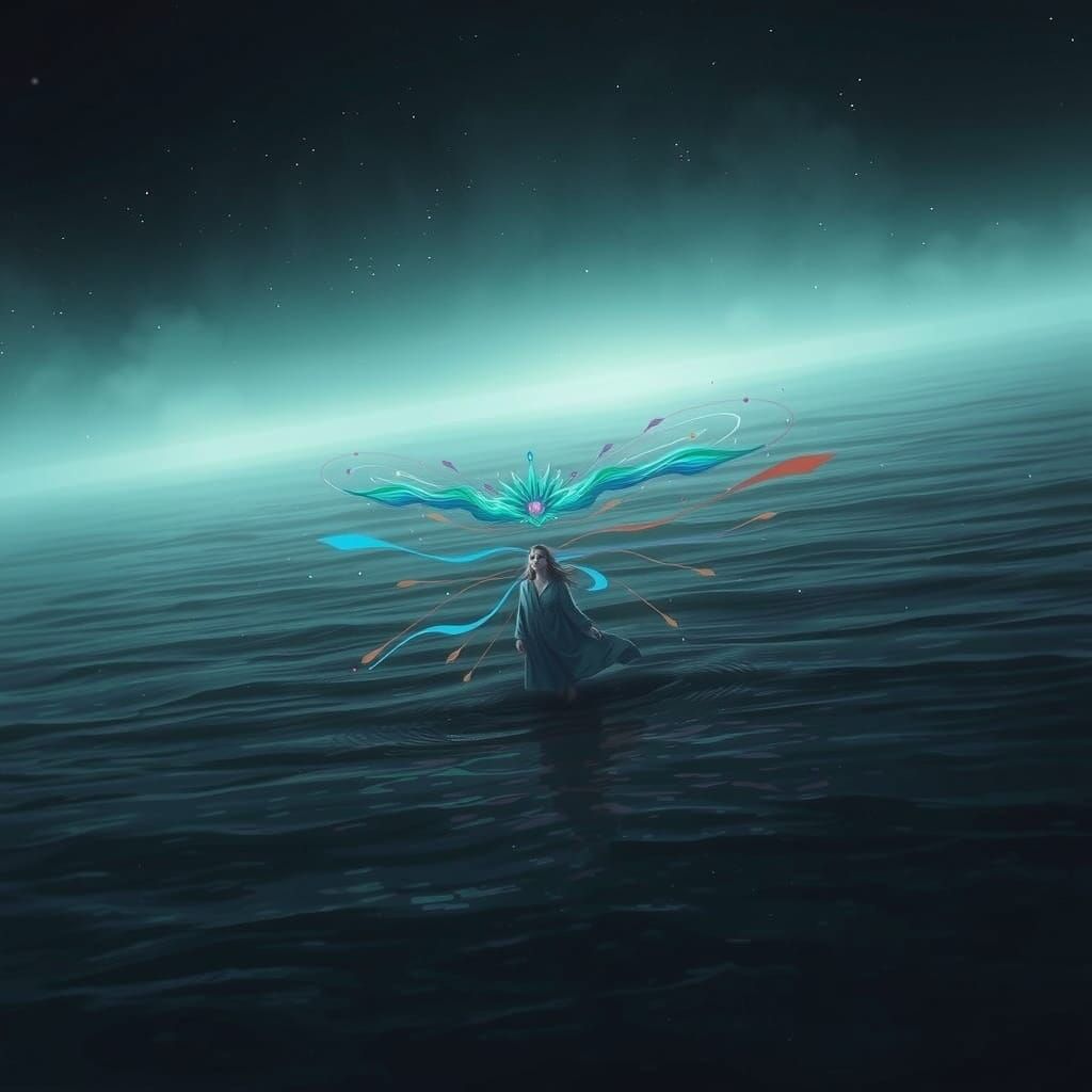 Woman at Kaleidoscopic Ocean Edge: Expressive Digital Art