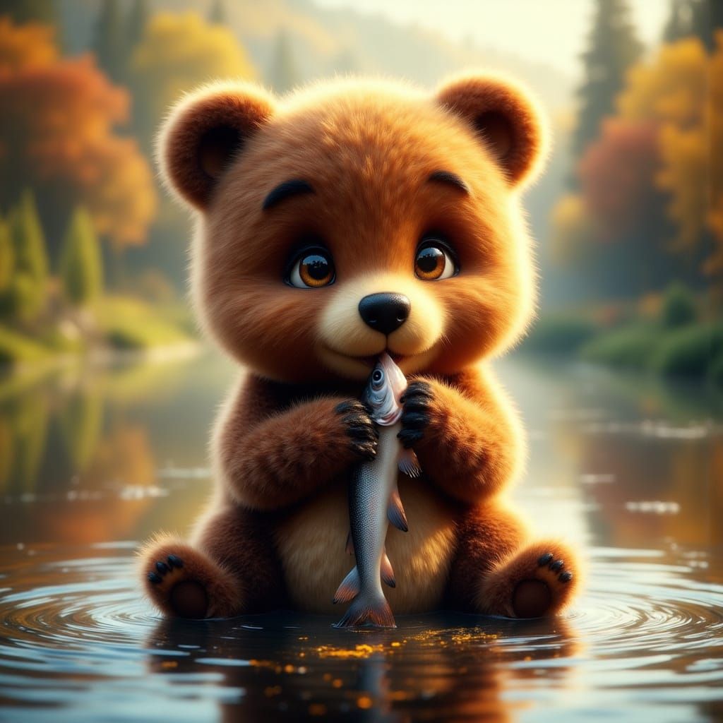 Fluffy Grizzly Cub Enjoys Salmon: 3D Digital Art