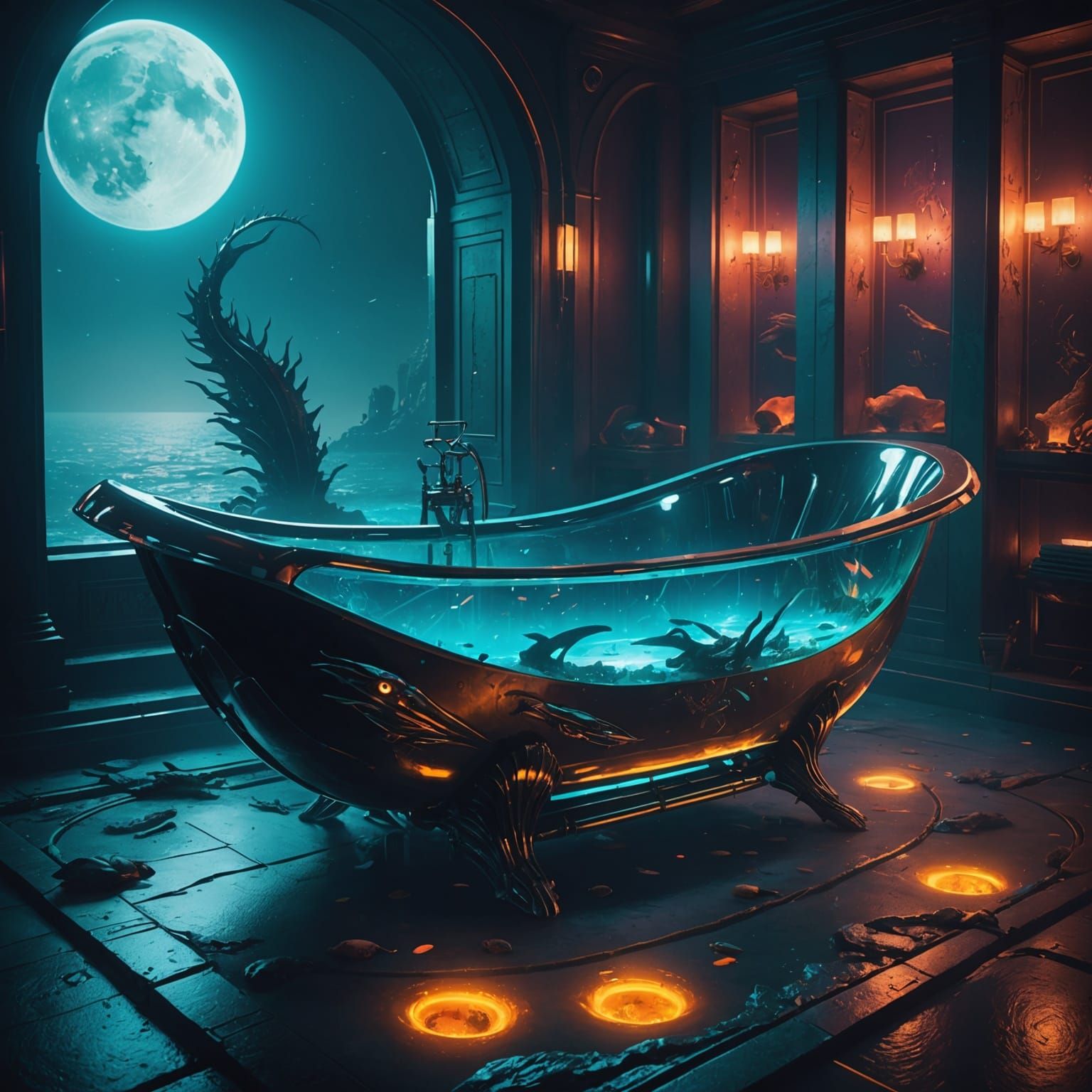Gigantic Glass Bathtub with Glowing Sea Creature