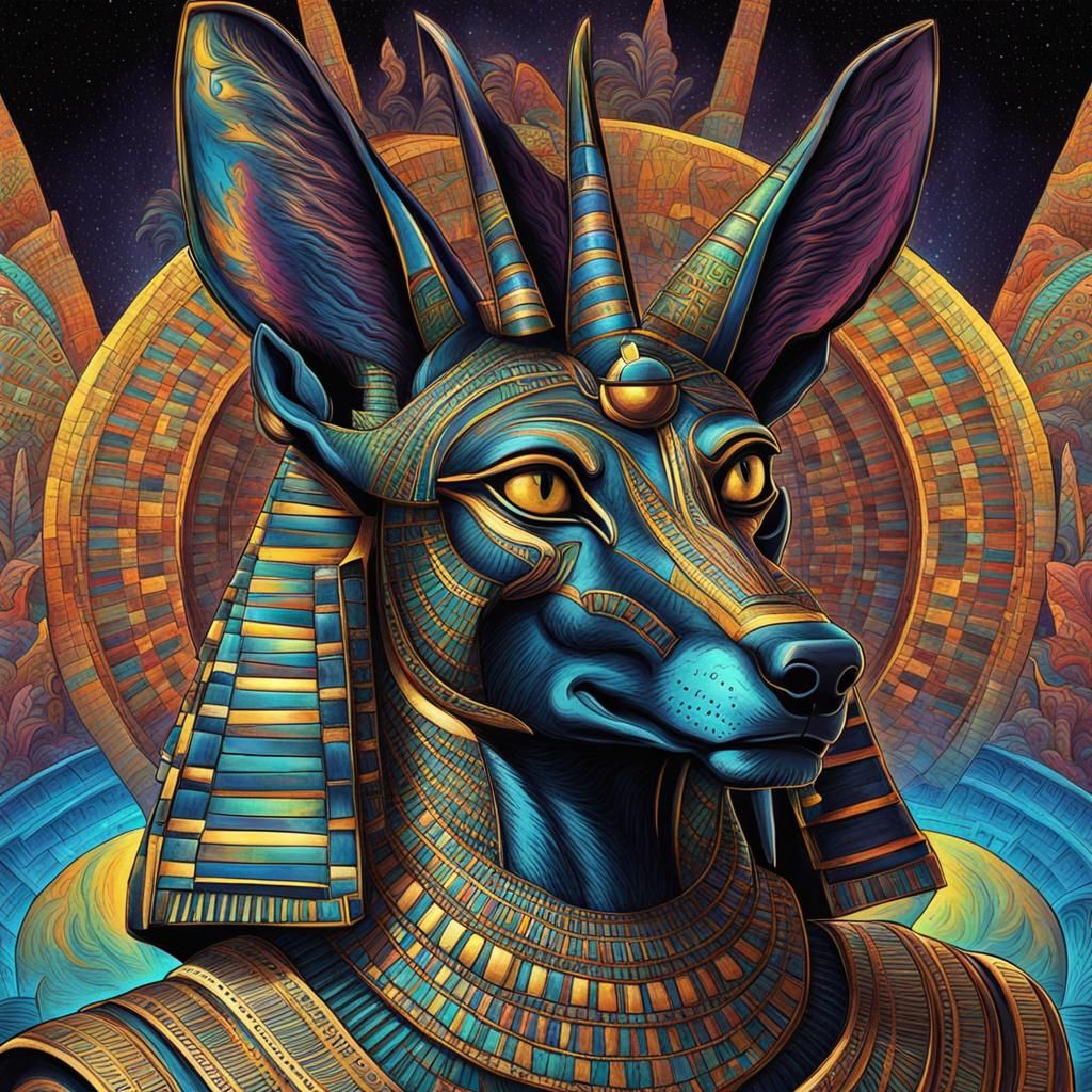 Psychedelic Anubis: Egyptian God in Vivid Colors