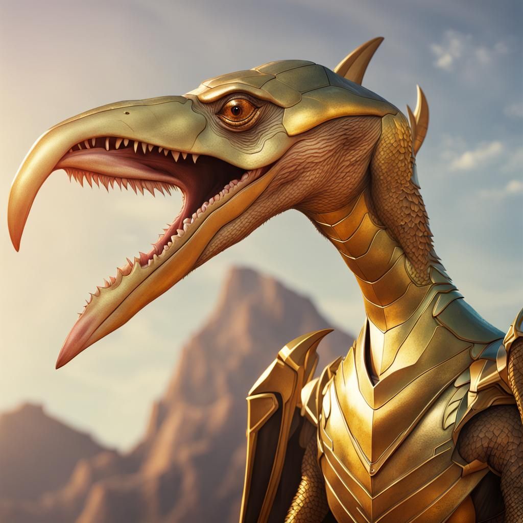 Armored Pterodactyl in Hyperrealistic Splash Art
