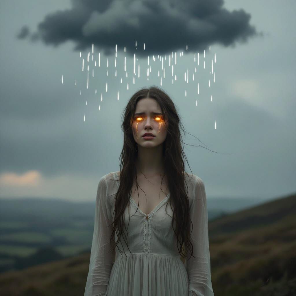 Solitary Woman with Glowing Tears Under Grey Sky