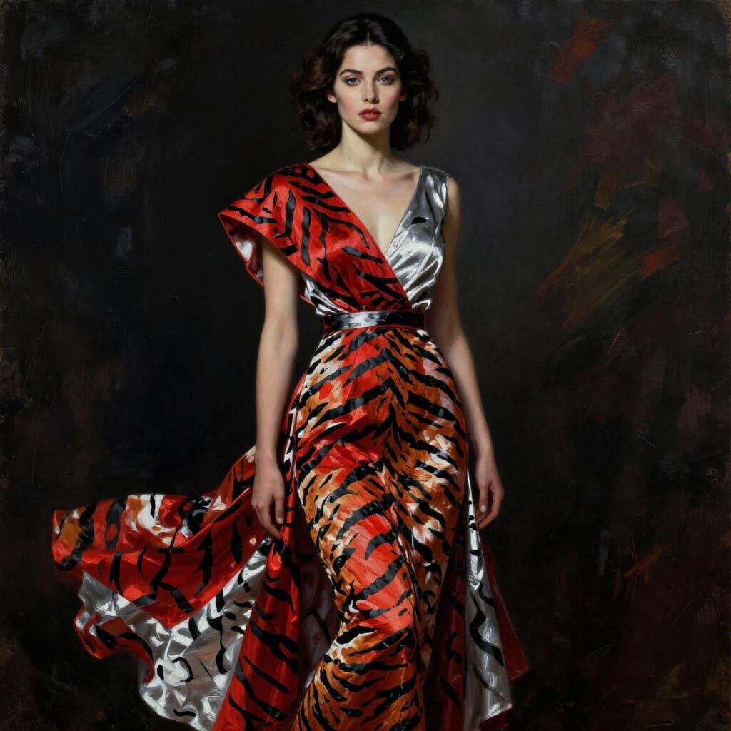 Woman in Striking Tiger-Striped Dress with Chiaroscuro Light...