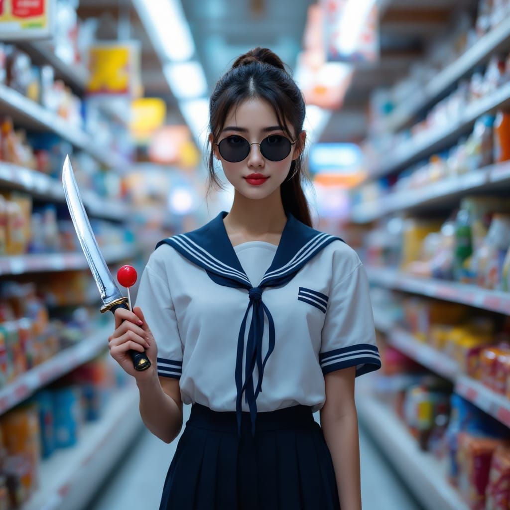 Anime Sailor Girl with Dagger and Lollipop in Store