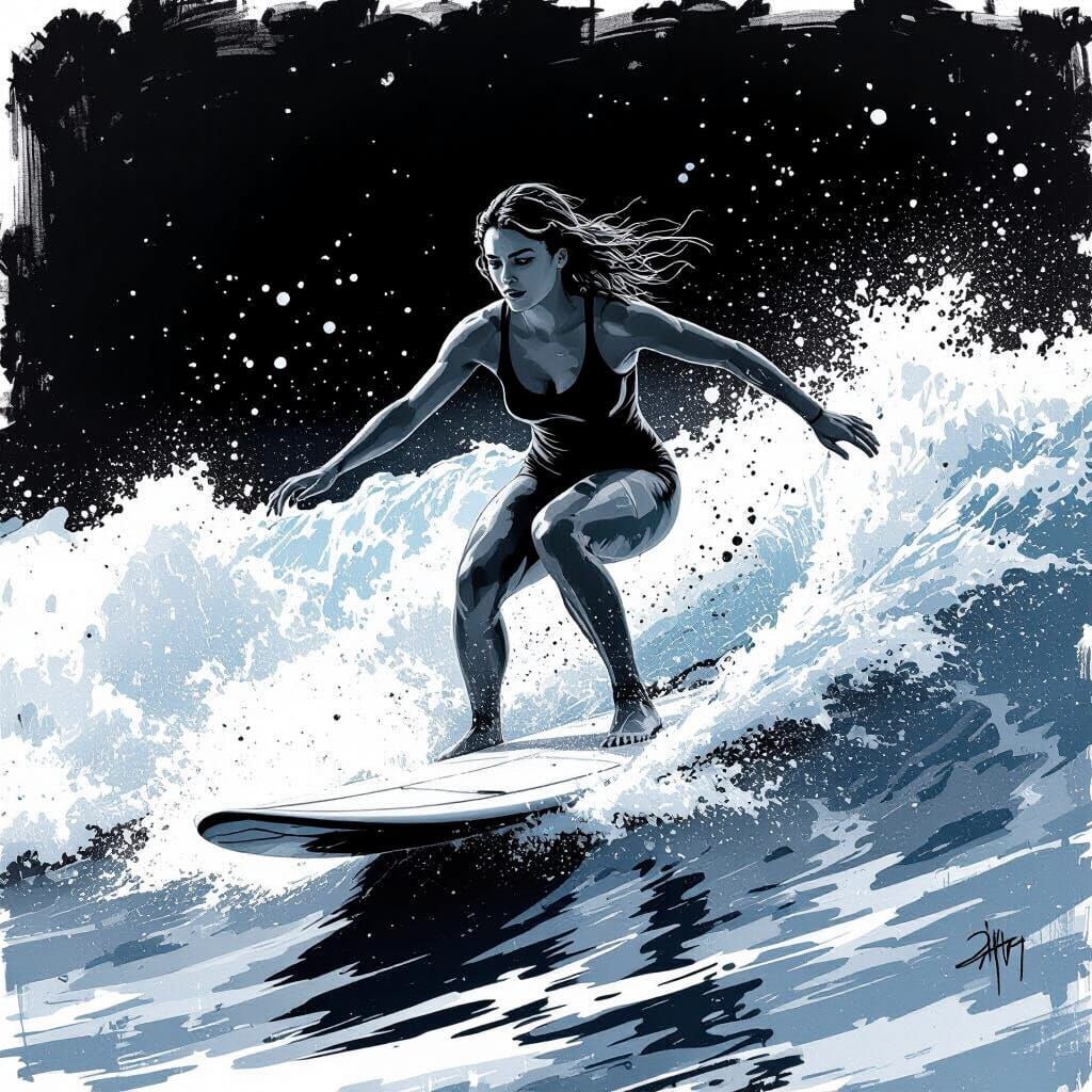 Woman Surfing a Huge Wave in Mixed Media Style