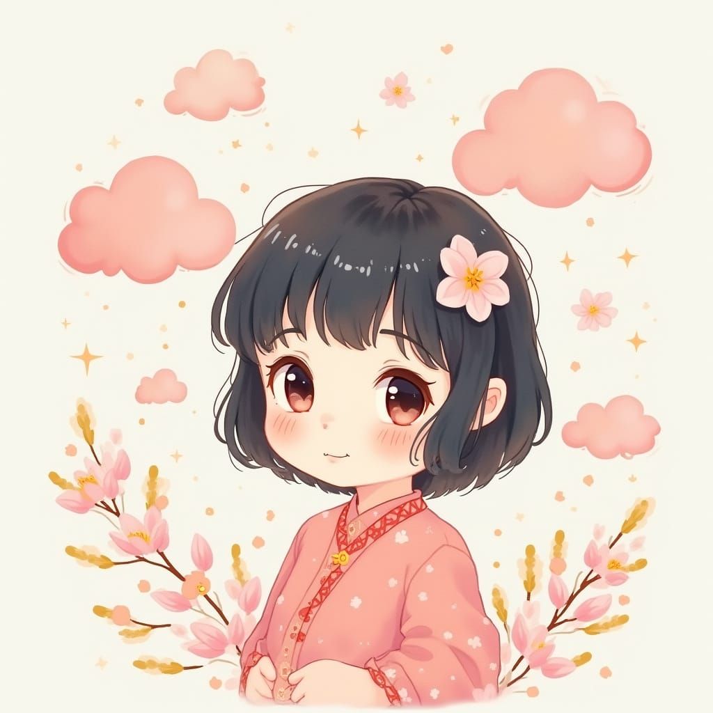 Whimsical Kawaii Girl Surrounded by Pastel Cherry Blossoms