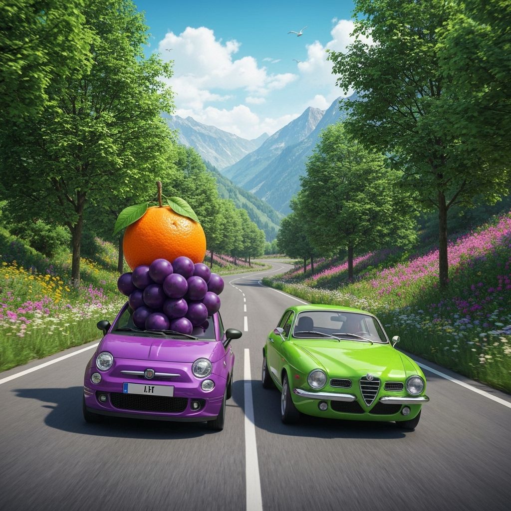Surreal Fruit Cars Roaring Down Mountain Road