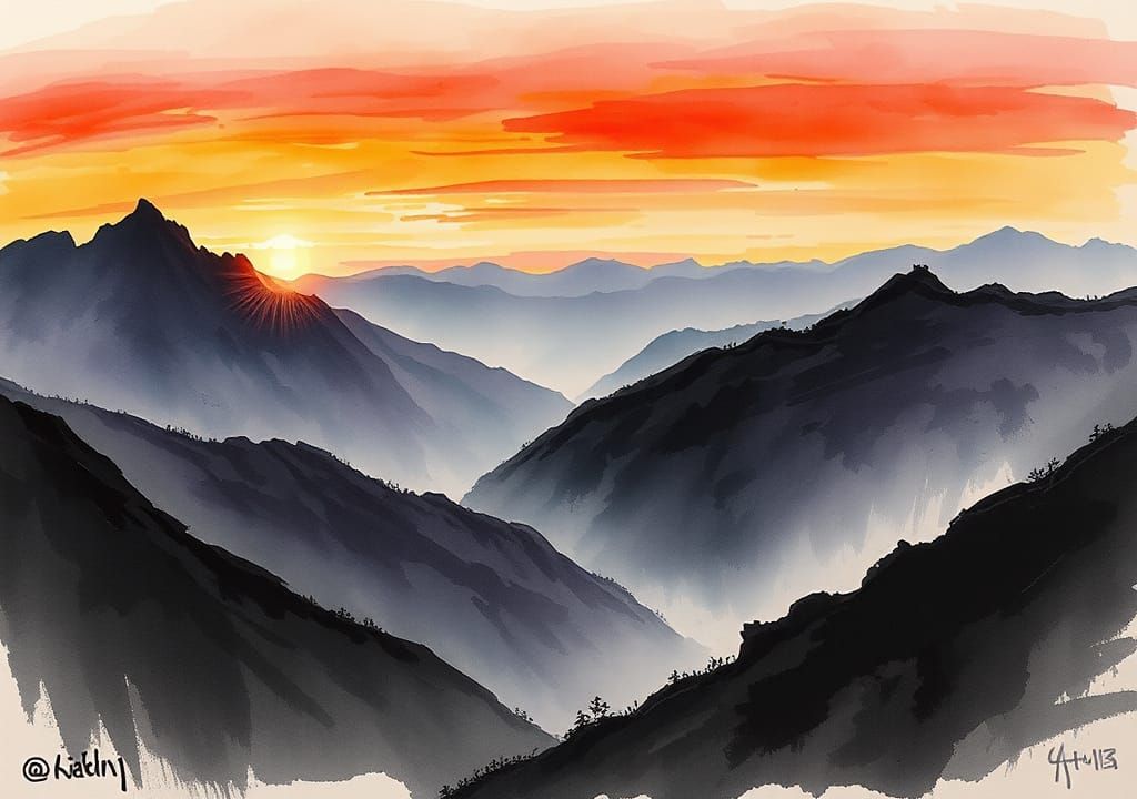 Dramatic Mountainous Landscape in Inkwash and Charcoal