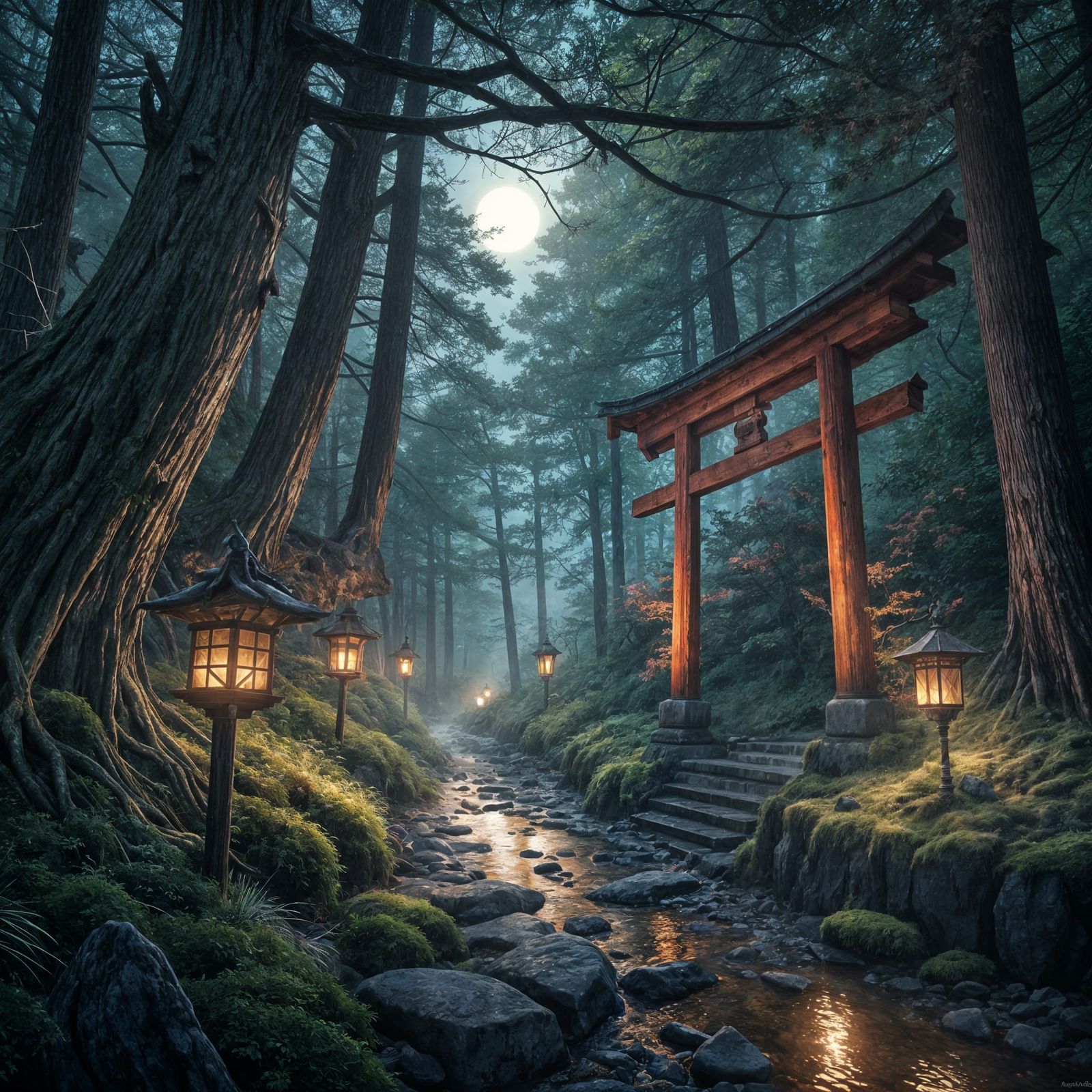 Ethereal Japanese Forest at Dusk with Haunting Torii Gate