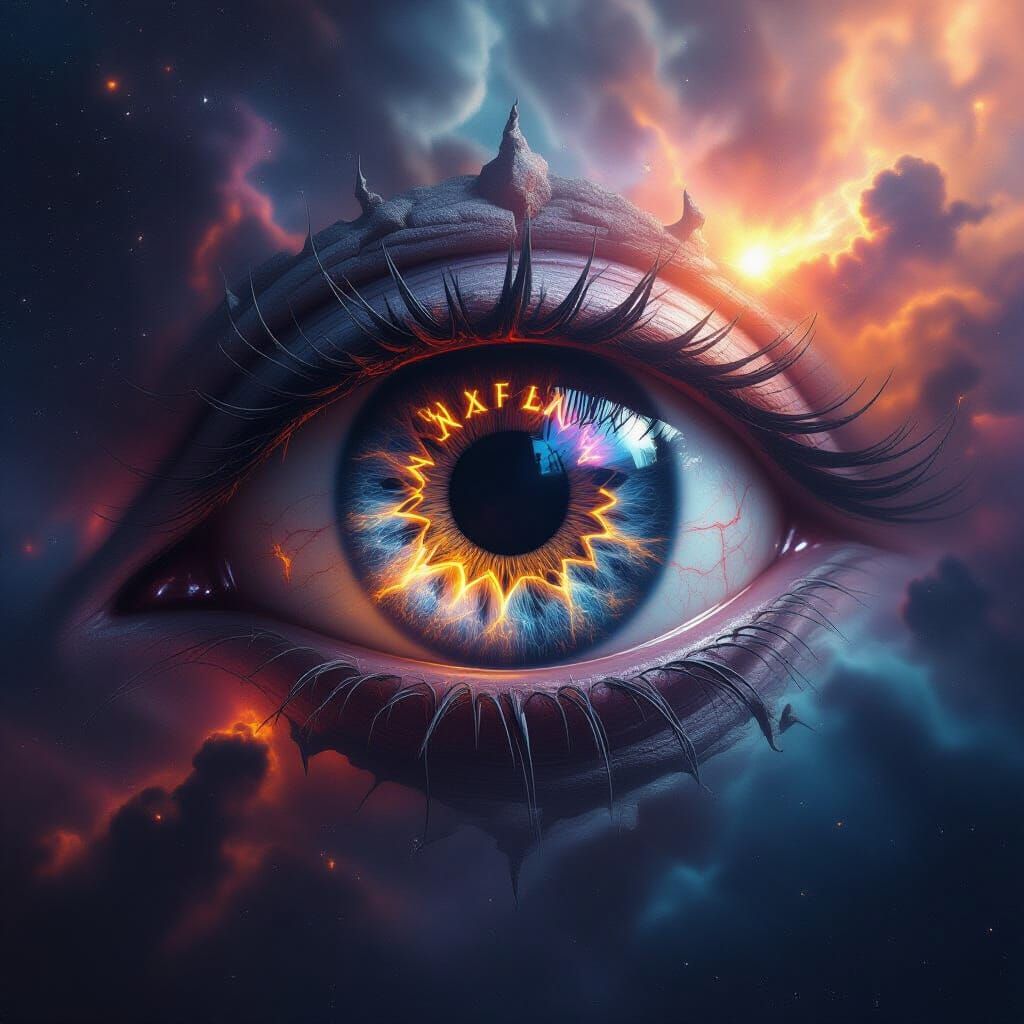 Ancient Eye in Cosmic Void with Glowing Runes