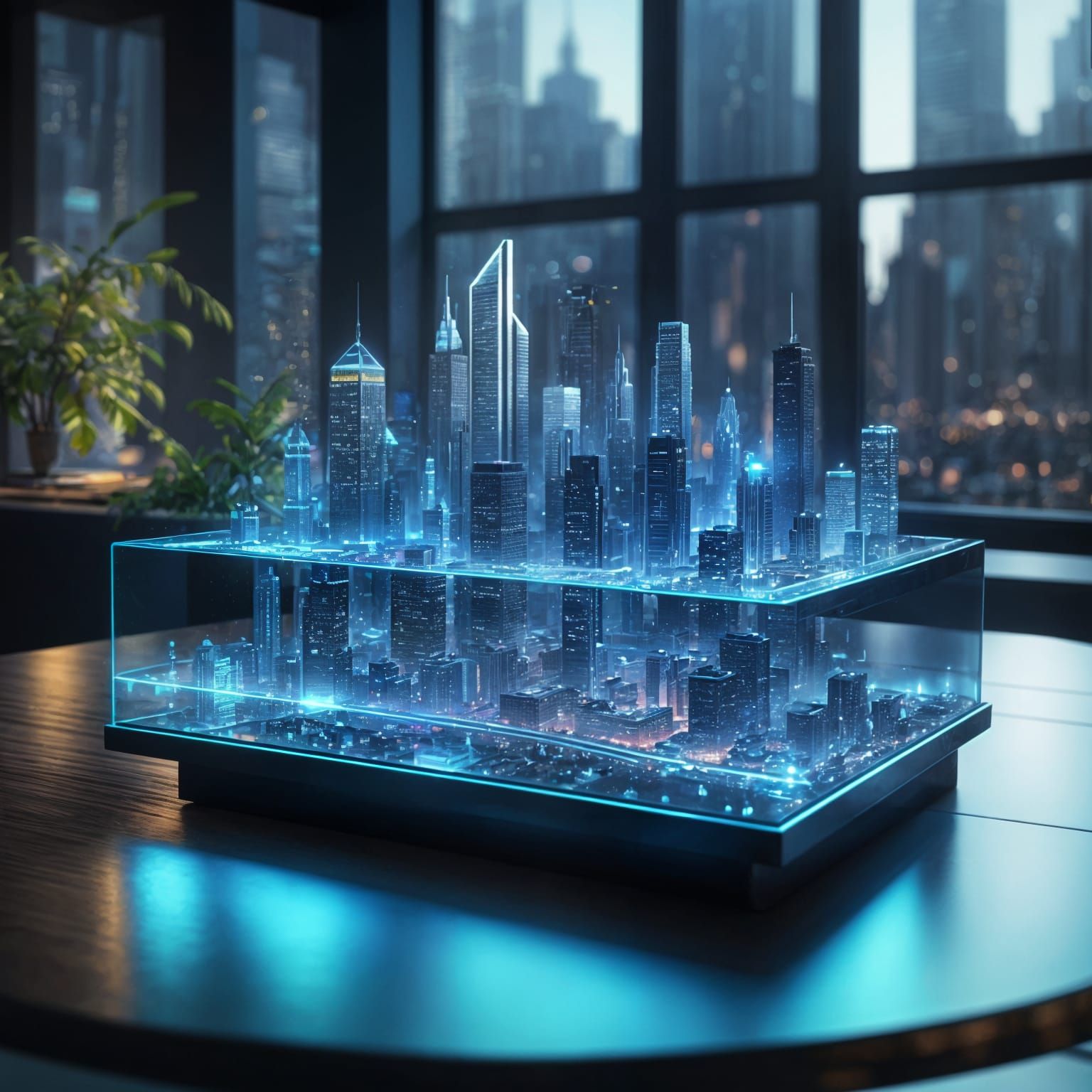 Surreal Cityscape Hologram in Deep Blue