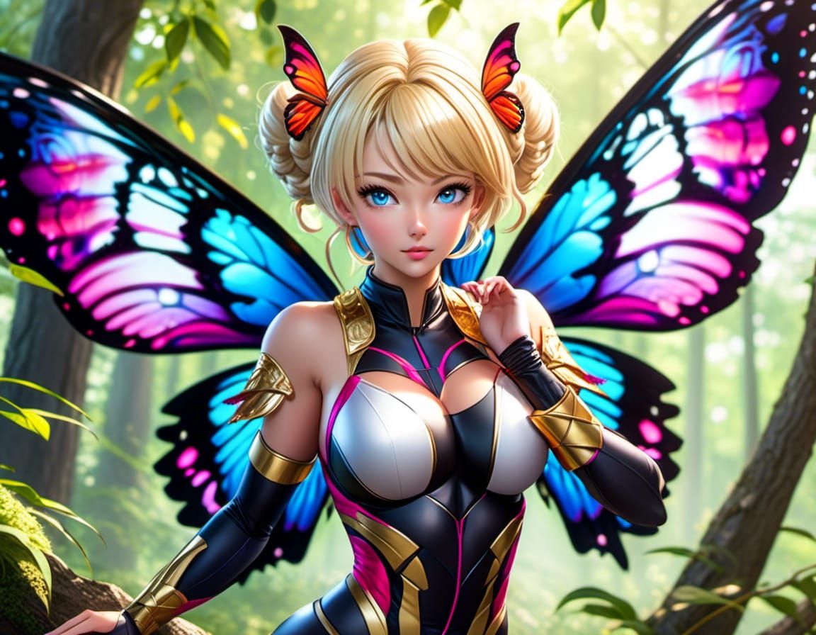 Blonde Butterfly Woman in Forest, 16k Portrait