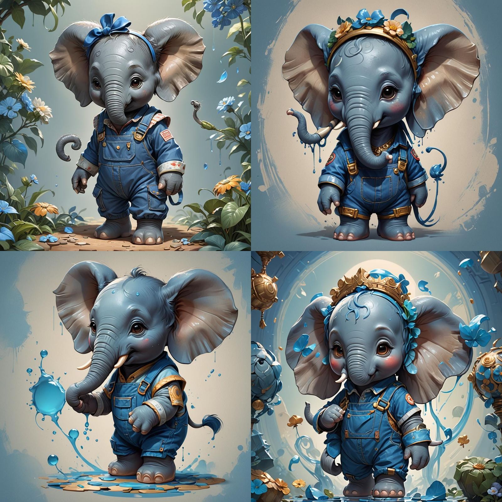Chibi Elephant in Overalls: Detailed Portrait