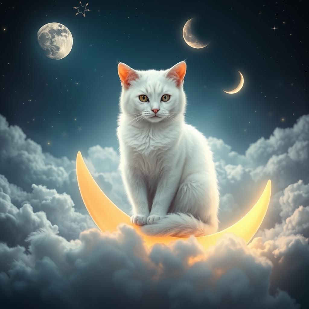 White Cat on Crescent Moon in Dreamy Space