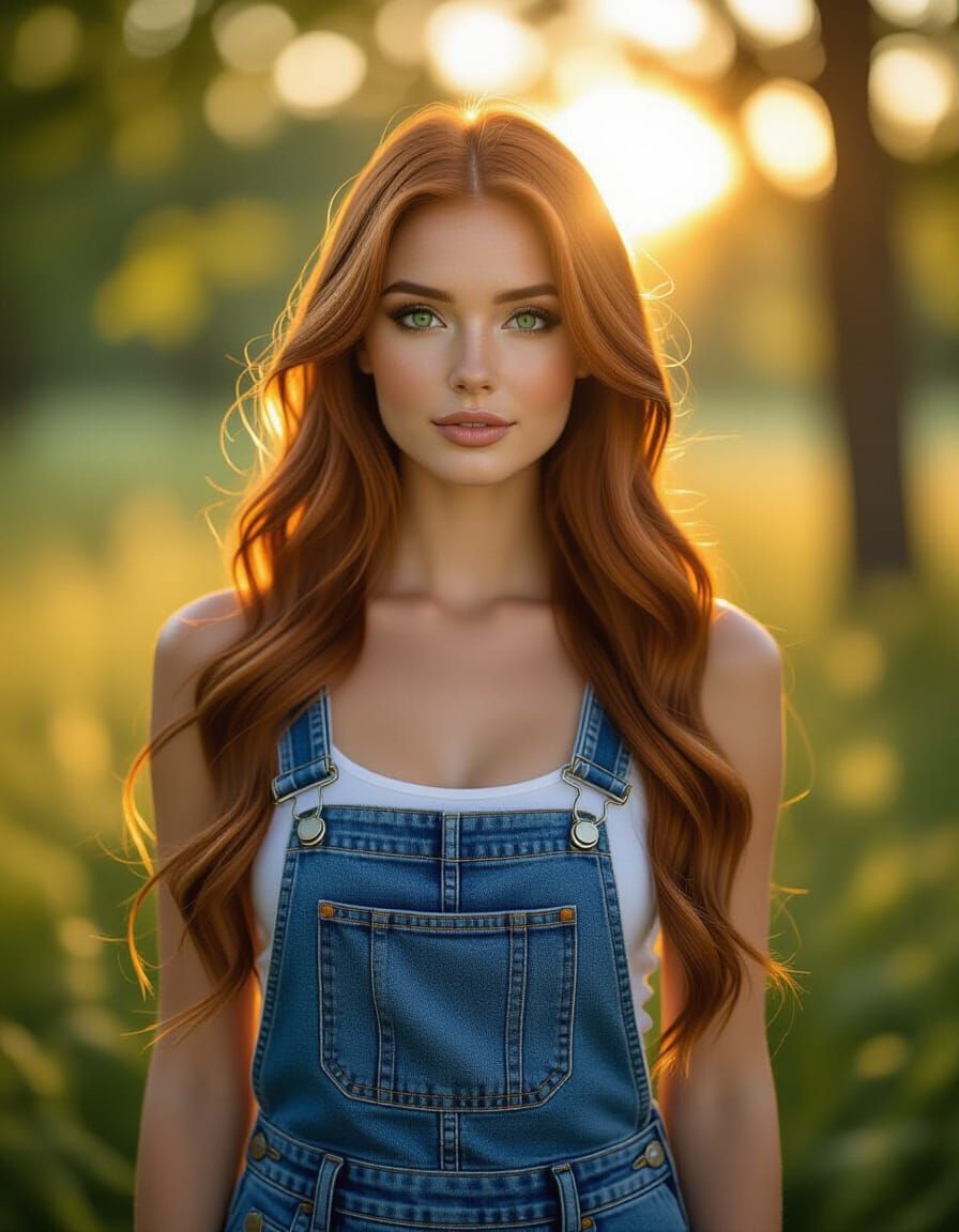 Beautiful Elf Woman in Overalls in Sunlit Forest