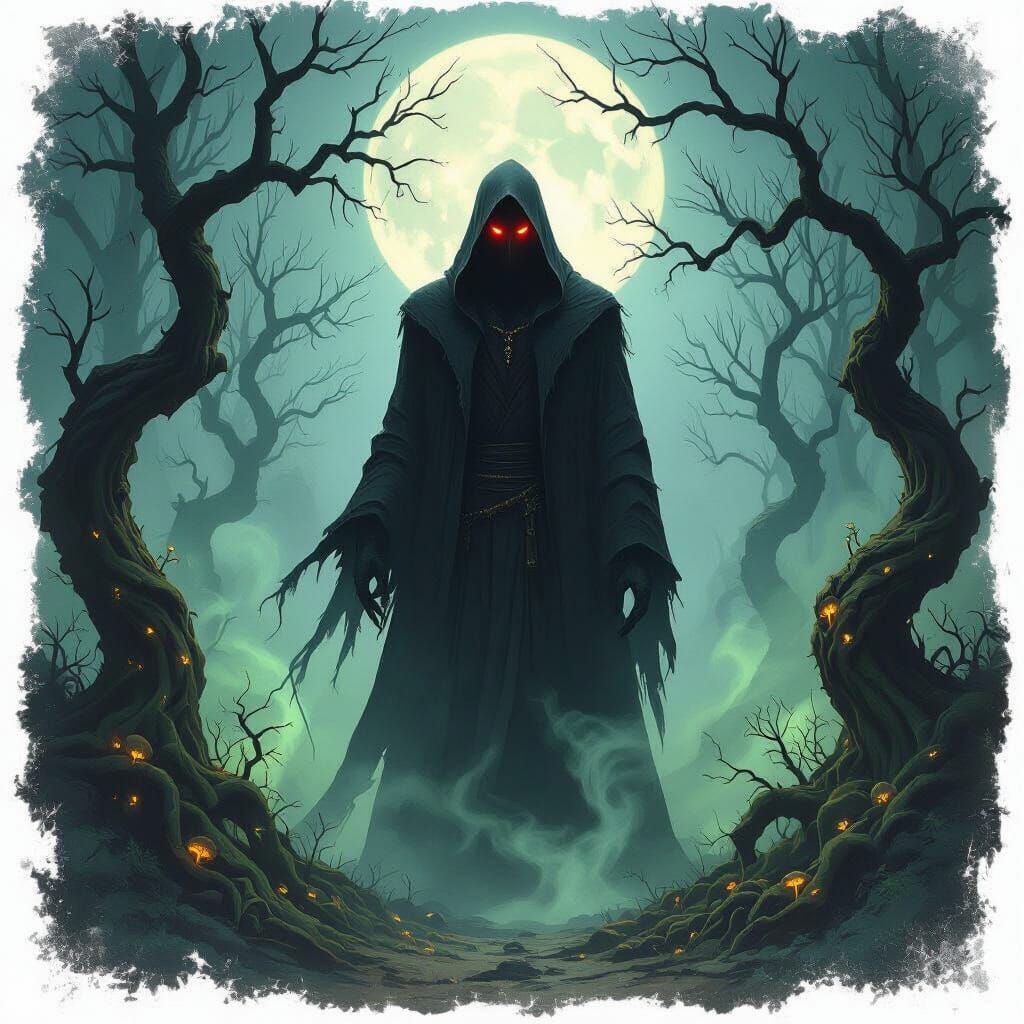 Shadowy Figure with Red Eyes in Dark Forest