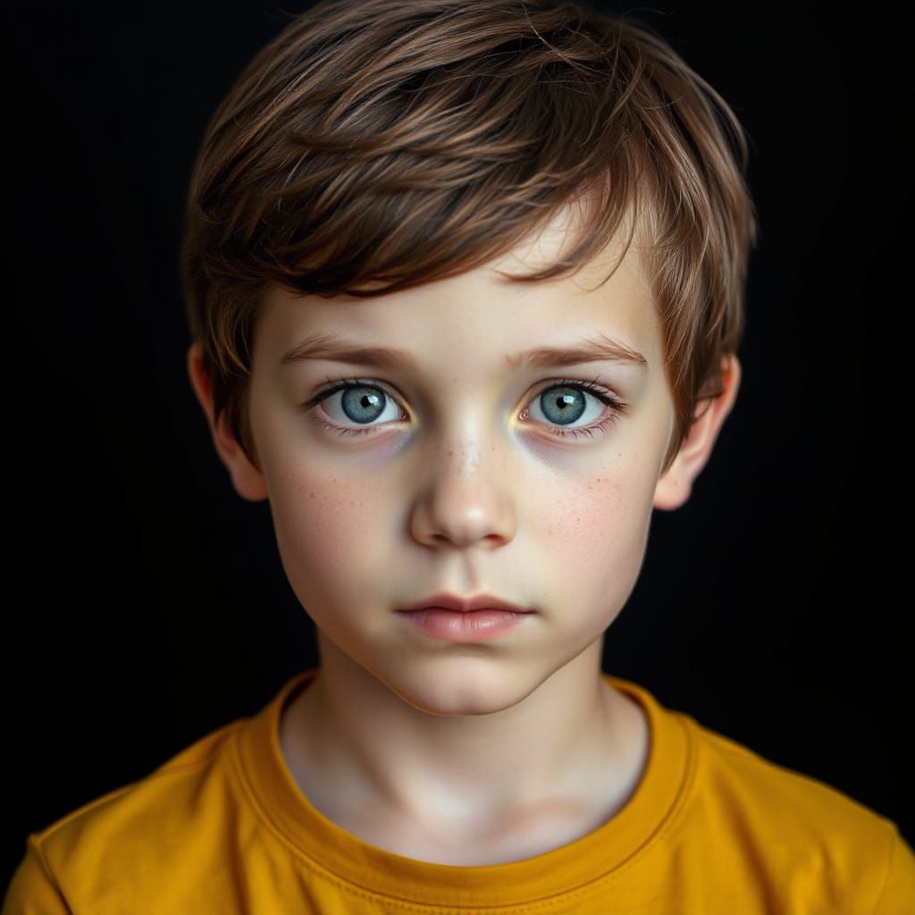 Boy's Close-Up Portrait with Piercing Blue Eyes and Mustard ...
