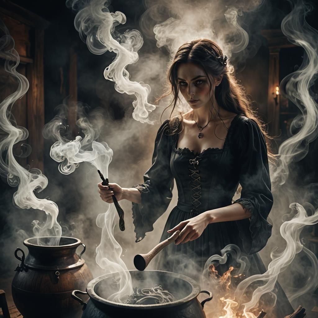 Ethereal Witch with Smoky Cauldron on Black