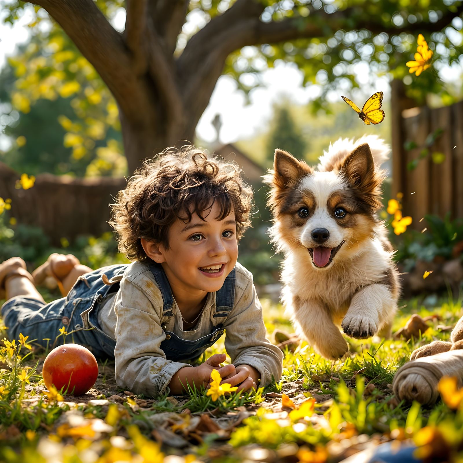 Joyful Boy Plays with Lively Puppy in Sun-Drenched Backyard