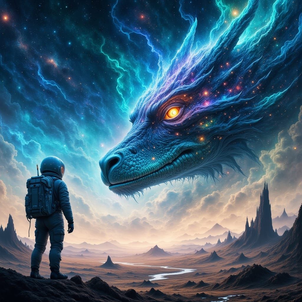 Cosmic Dragon Soars Over Alien Landscape in Vibrant Colors