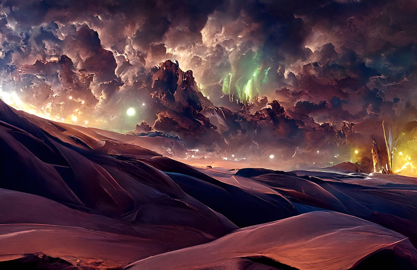Aurora Borealis Over Desert Landscape Painting
