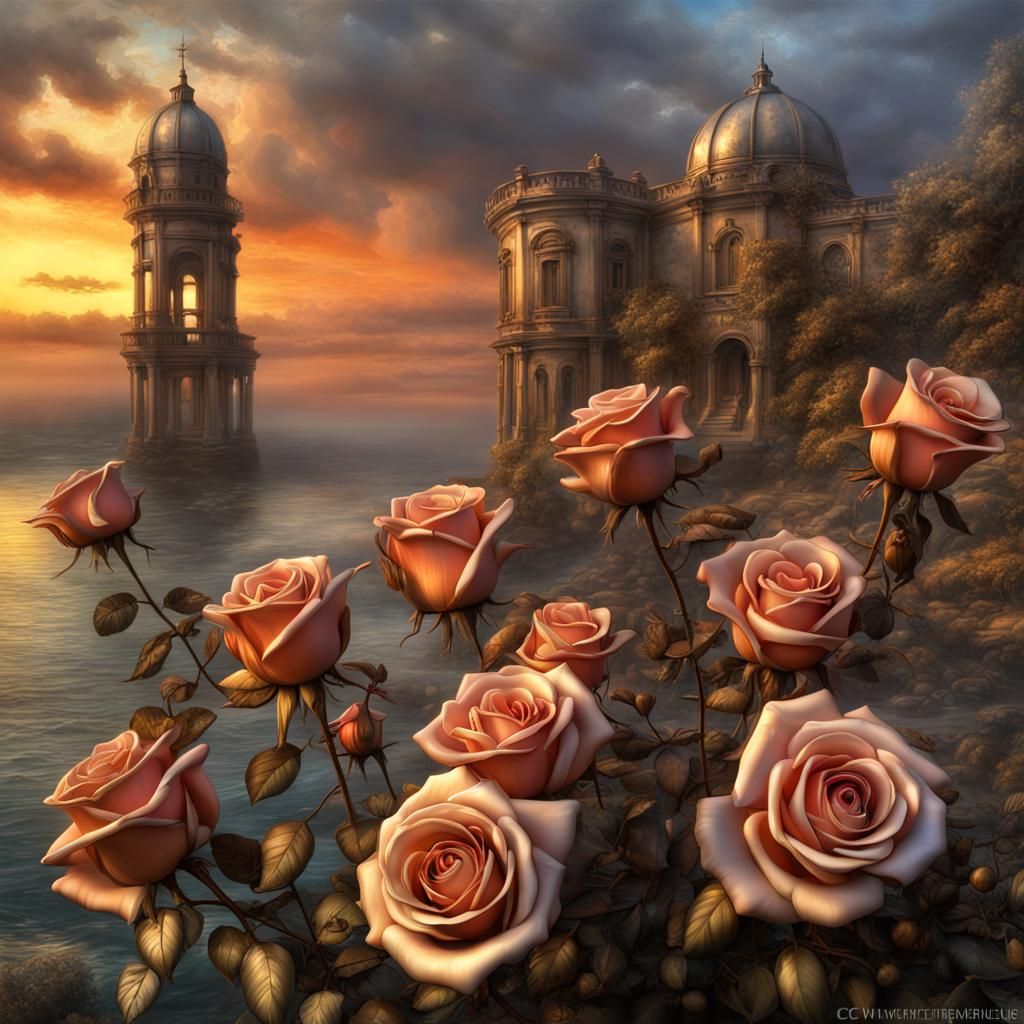 Metal Roses in Fantasy Sunset: Intricate Metal Art