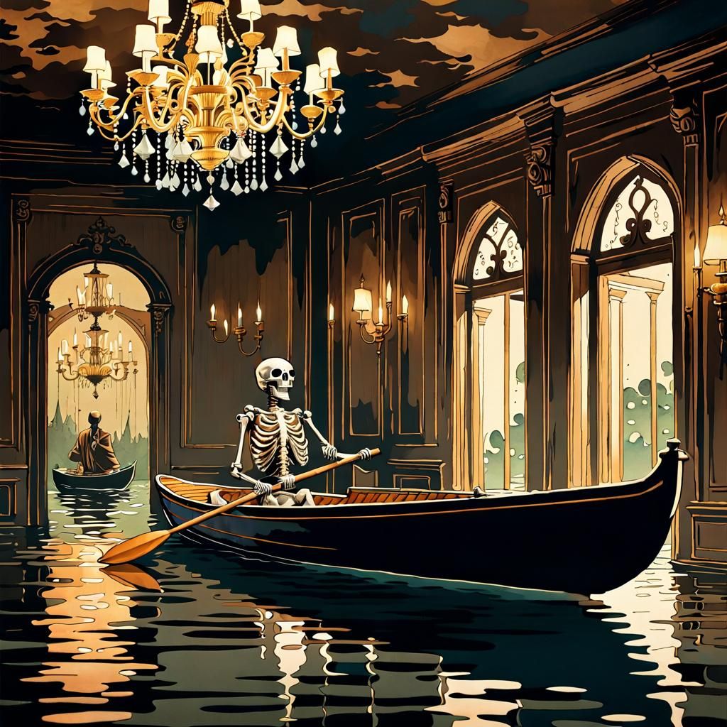 Skeleton Rows Boat in Flooded Mansion: Watercolor