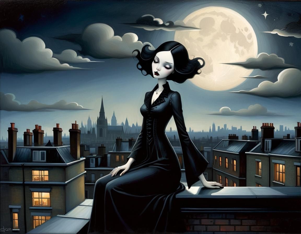 Gothic Moonlit Somnambulist on London Rooftop