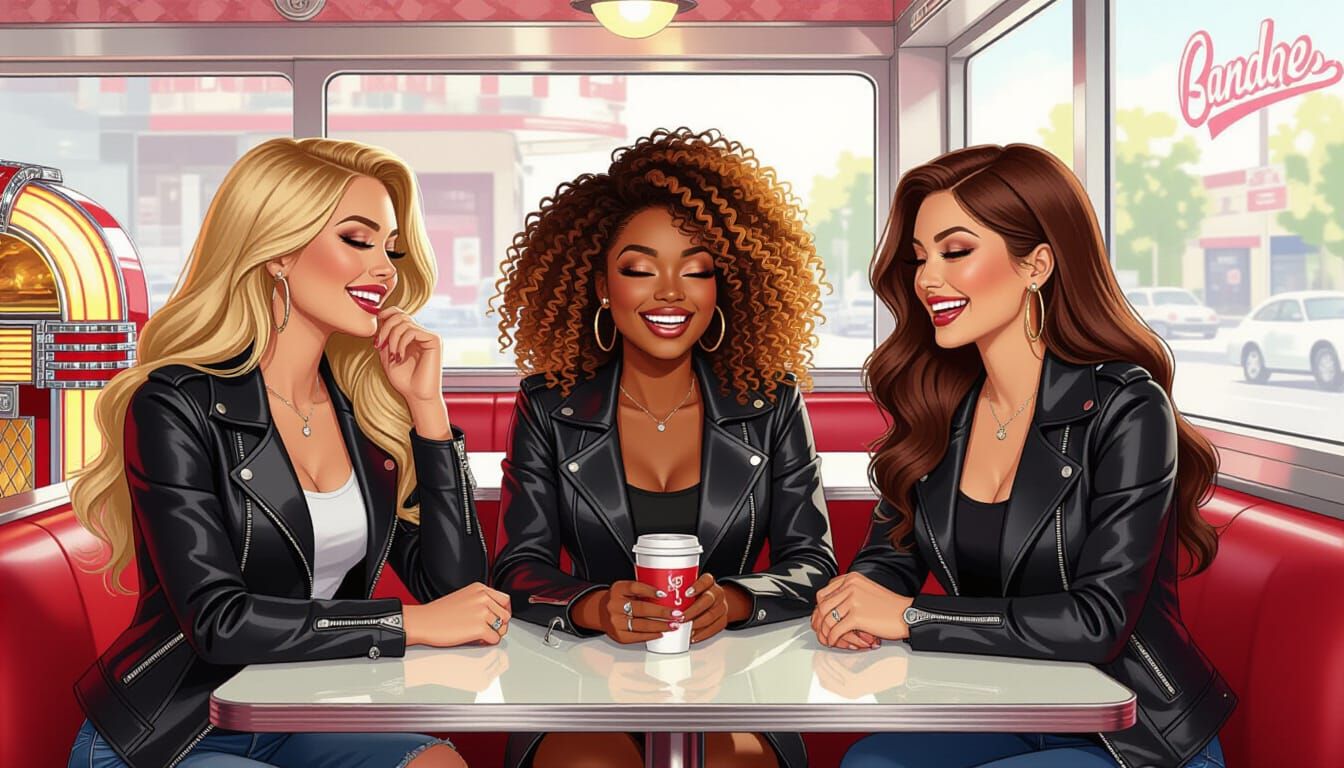 Friends Laughing in Retro Diner, Comic Art Style