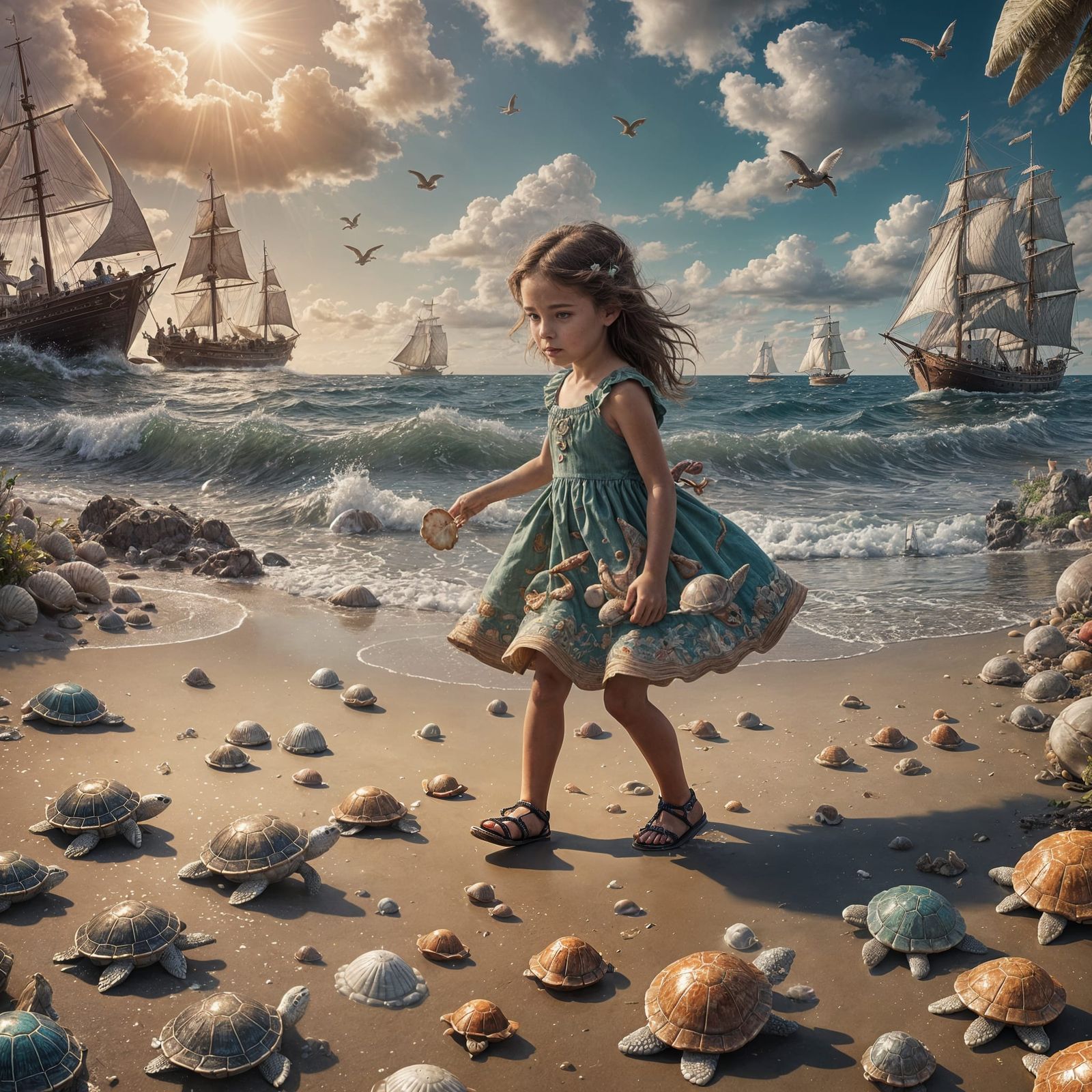 Fantasy Seashore Scene with Girl and Turtles