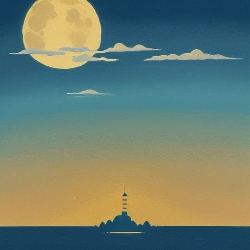 Whimsical Island Under a Dreamlike Moon in Naive Art Style