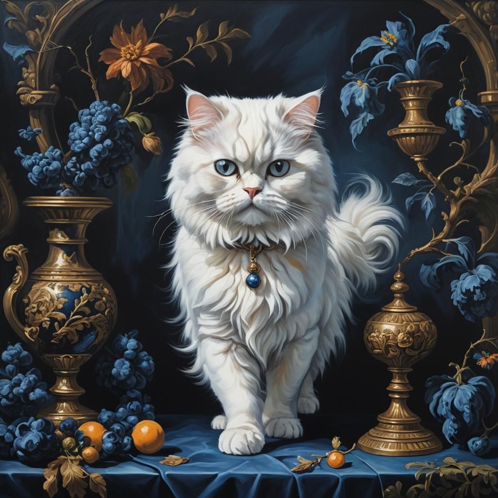 White Persian Cat in Dark Still Life Painting