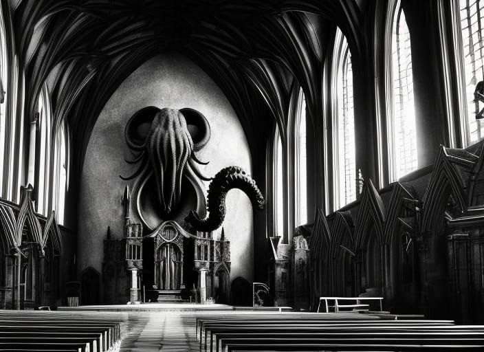 Cthulhu in Gothic Church: Black and White Photo