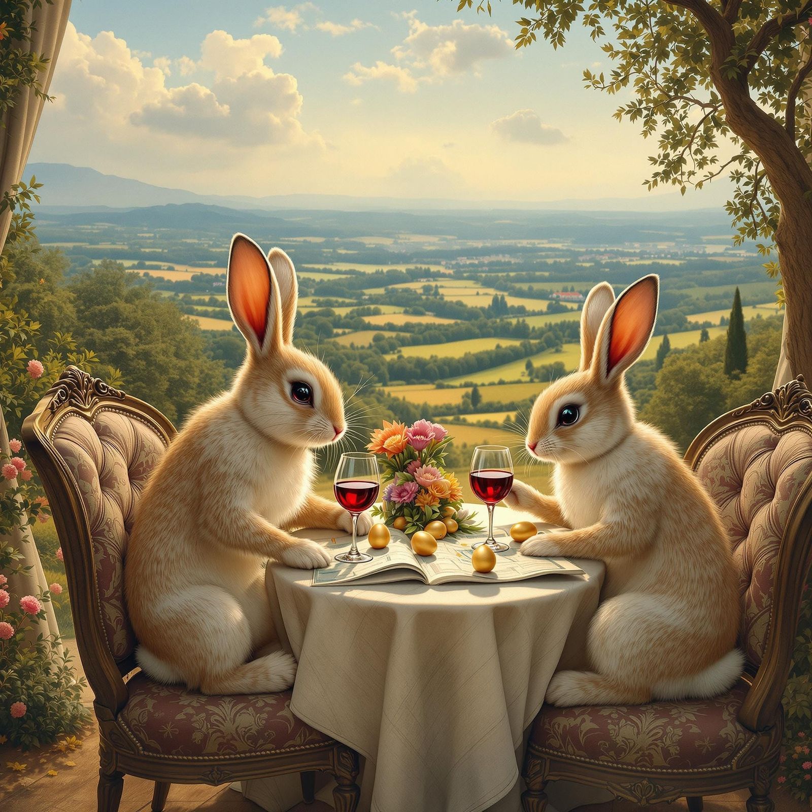 Fantasy Rabbits Prepare for Easter Run in Whimsical French C...