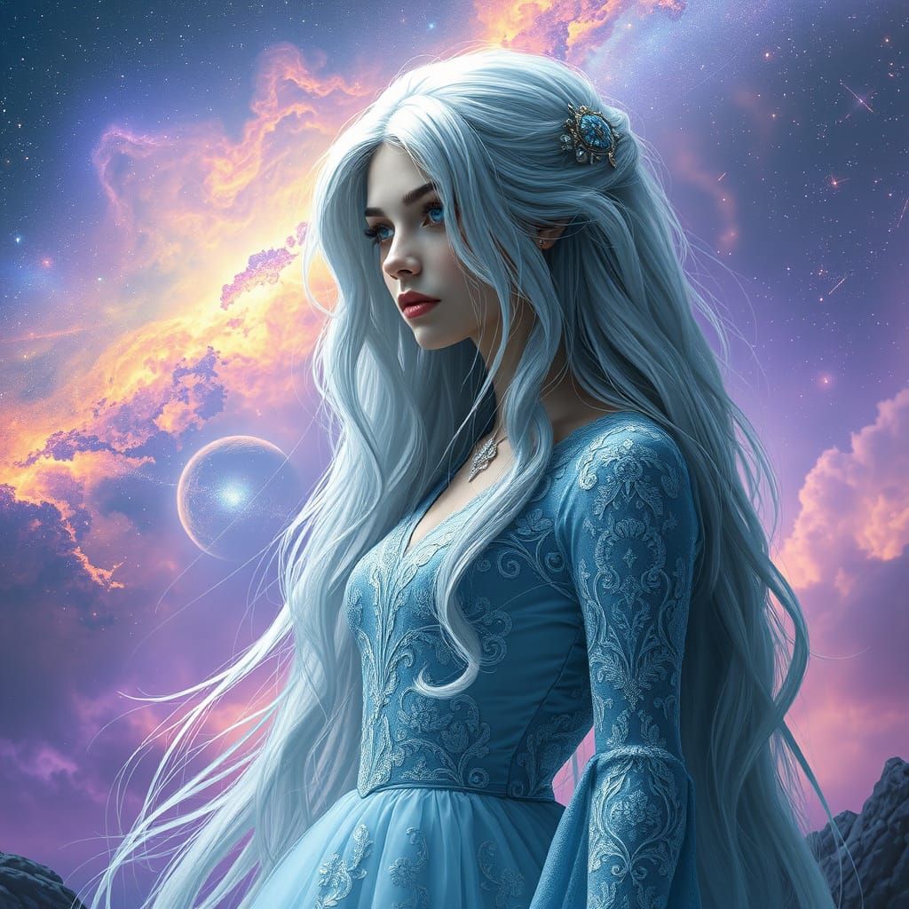 A striking and enchanting digital painting in a contemporary fantasy art style, featuring a captivating Princess with lo...
