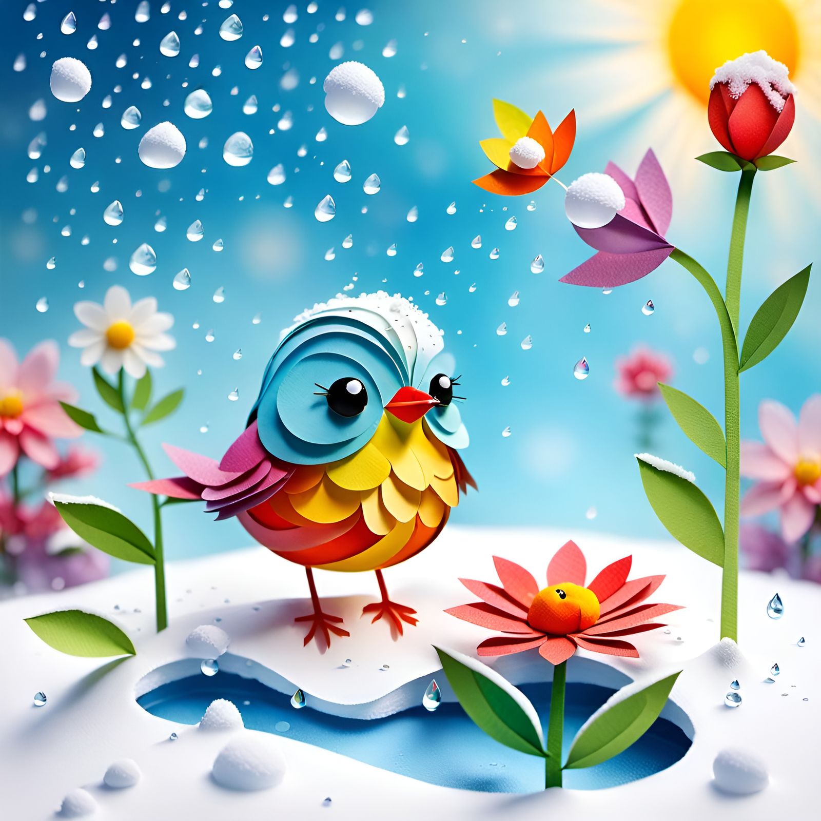 Spring Flower and Bird in Paper Art