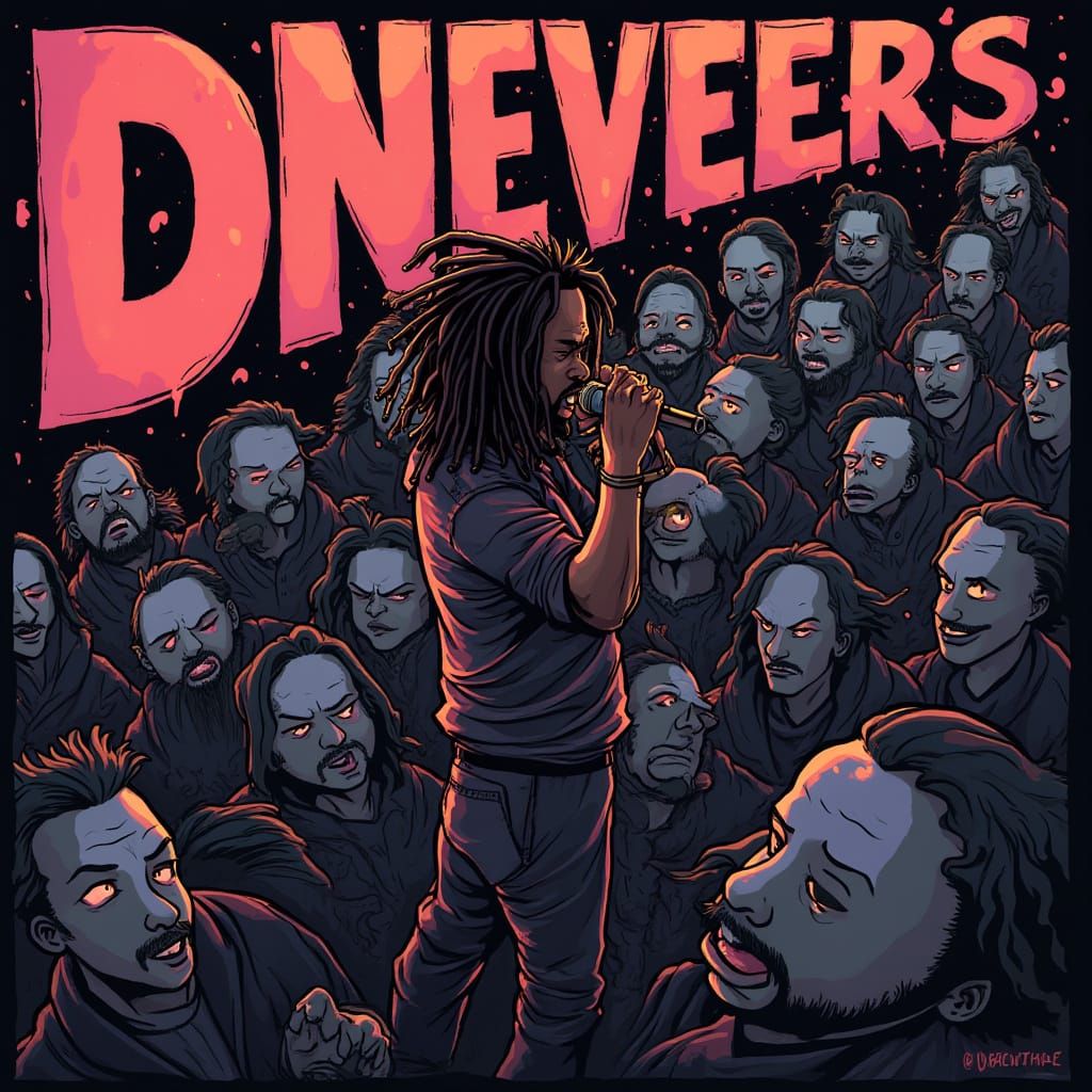 Gritty Cartoon Concert with Blank-Faced Crowd