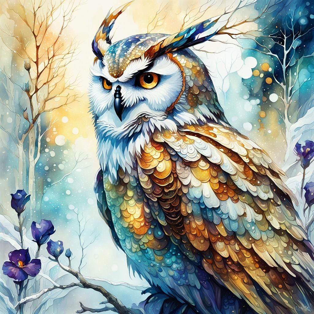 Dreamlike Owl in Digital Watercolor Painting