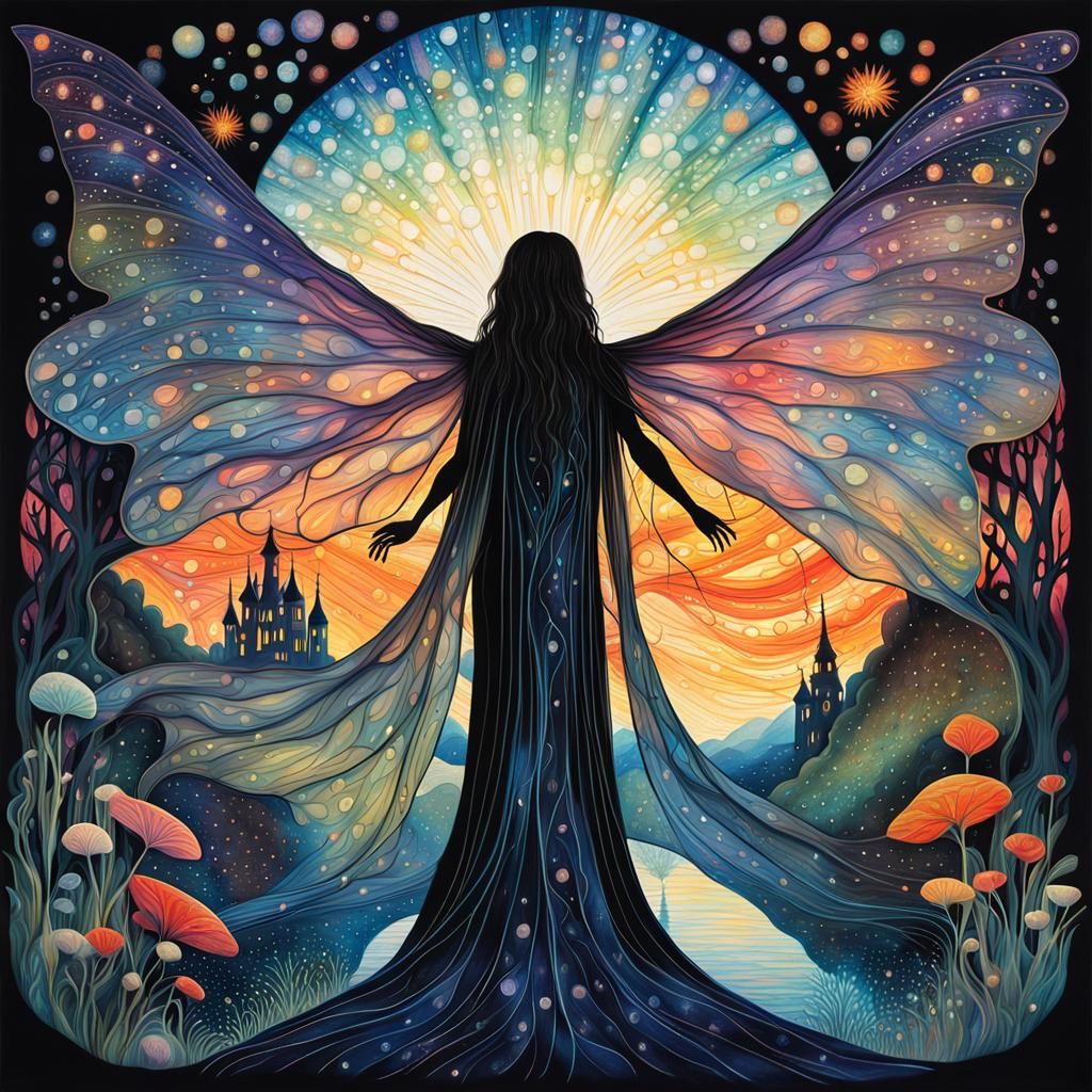 Fairy Silhouette Double Exposure in Abstract Fauvism Style