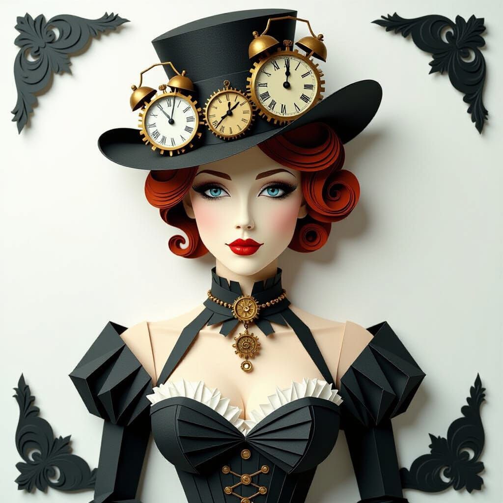 Steampunk Papercut Woman in Hyperdetailed Origami Style