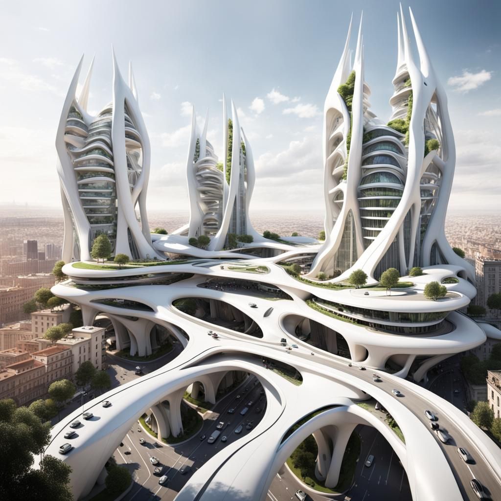 Futuristic Gaudi-Inspired City with Flying Shuttles