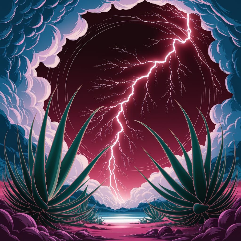 Aloe Vera Plants Reach for Crimson Lightning in Anime Style