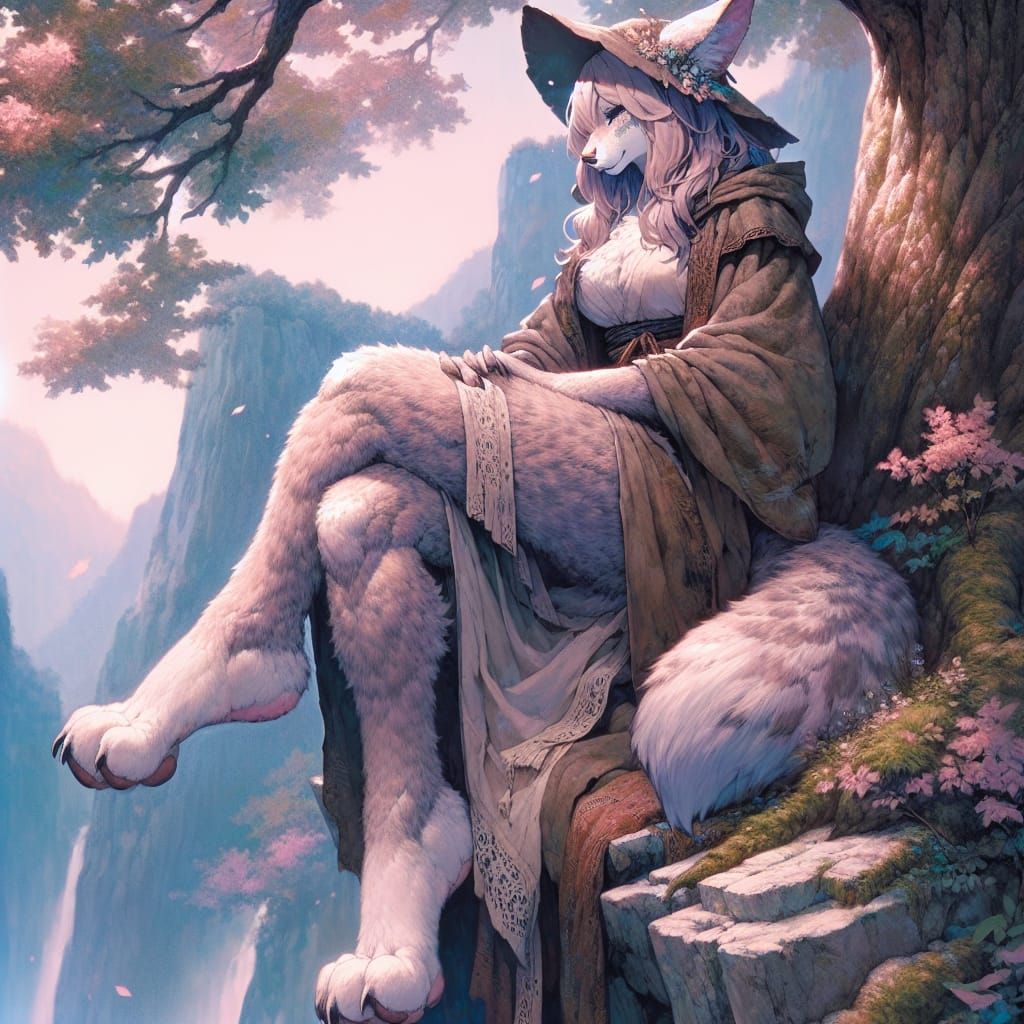 Anthropomorphic Lynx on Mountain Precipice, Anime Style
