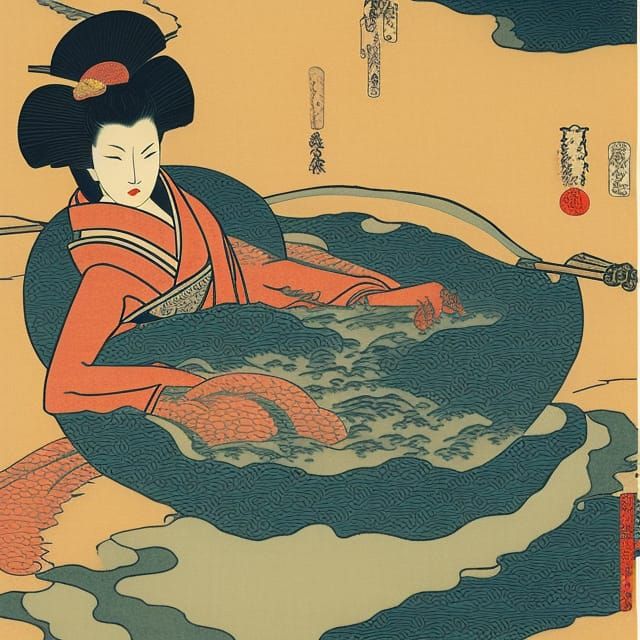 Geisha bathing in hot pool steaming Ukiyo-e ink drawing hyperrealism twilight golden hour vapor dye-transfer 64 megapixe...