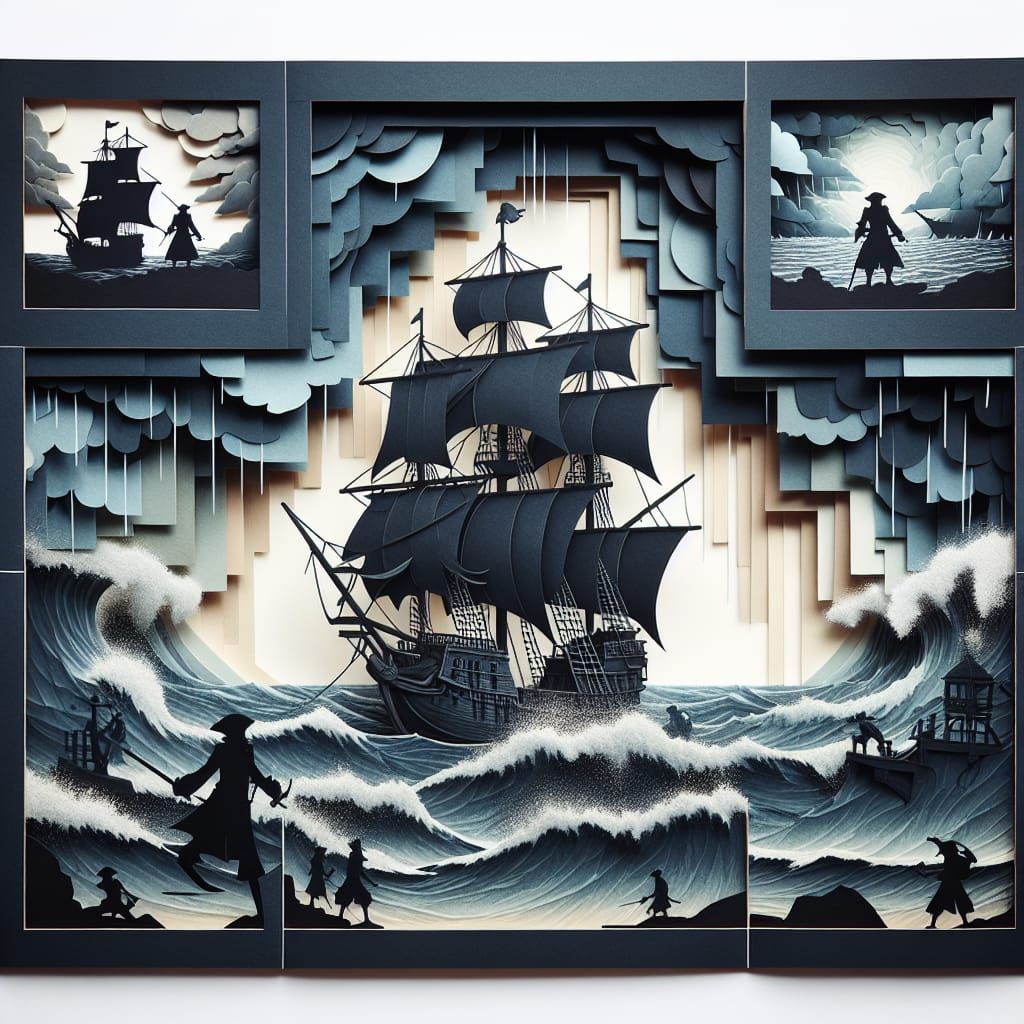 Pirate Ship Amidst Stormy Seas: Papercraft Matte Painting