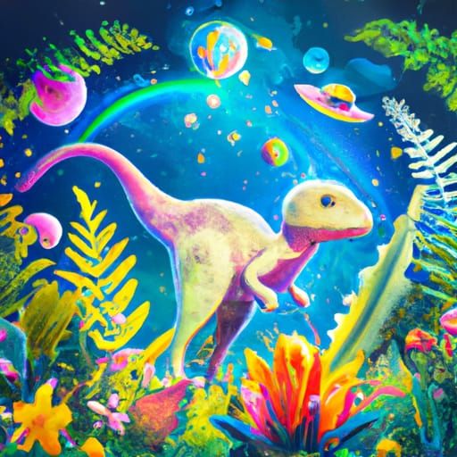Cosmic Dreamscape Dinosaur in Overgrown Jungle