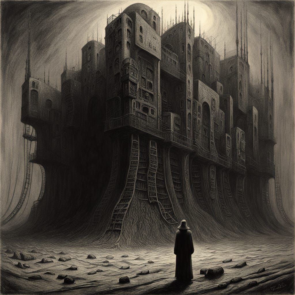 Beksiński-Inspired Surrealism: Lone Figure in Industrial Dec...
