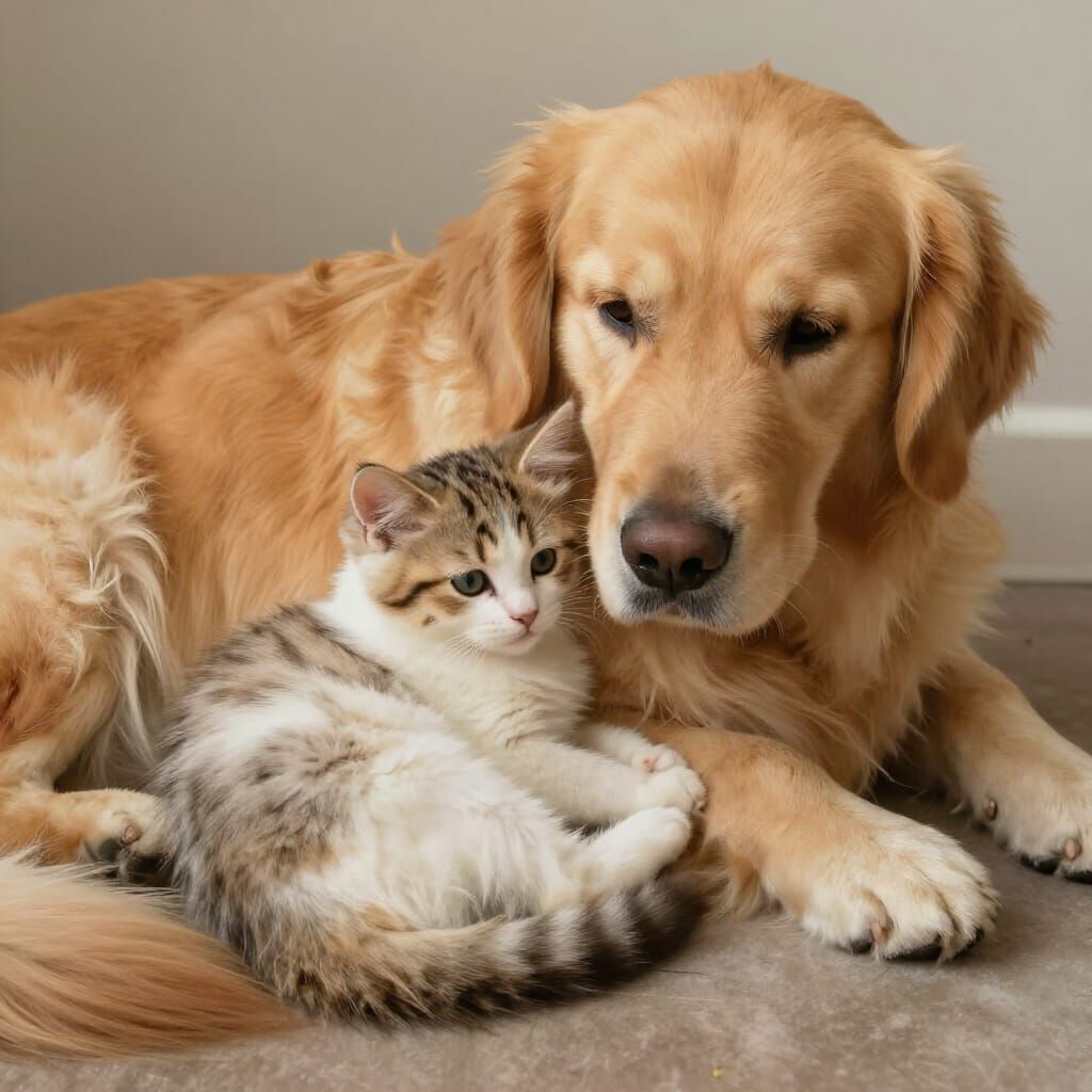 Surreal Portrait of Kitten and Golden Retriever Friendship