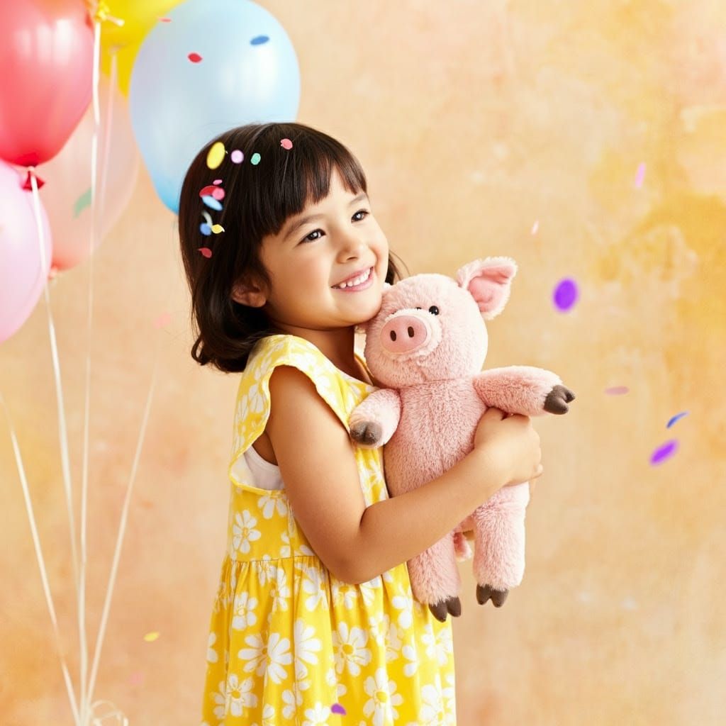 Joyful Child with Plushie Pig in Sunny Garden