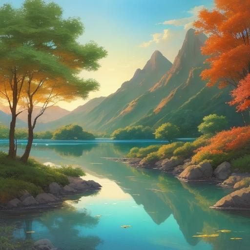 Fantasy Lagoon with Fishing Boat: Watercolor Landscape